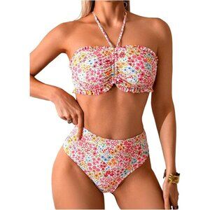 Colorful Floral Strapless Swimsuit Tie Front Two Piece High Waist Bikini MEDIUM